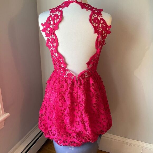 Saylor Hot Pink Lace Backless Mini Bubble Skirt Dress, M Pockets! - Picture 11 of 16